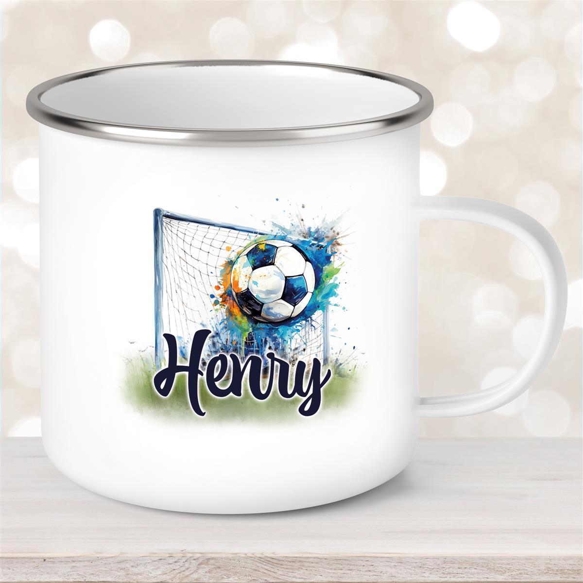 Tasse Fußball #13 Wunschname Emaille Kinderbecher personalisiert