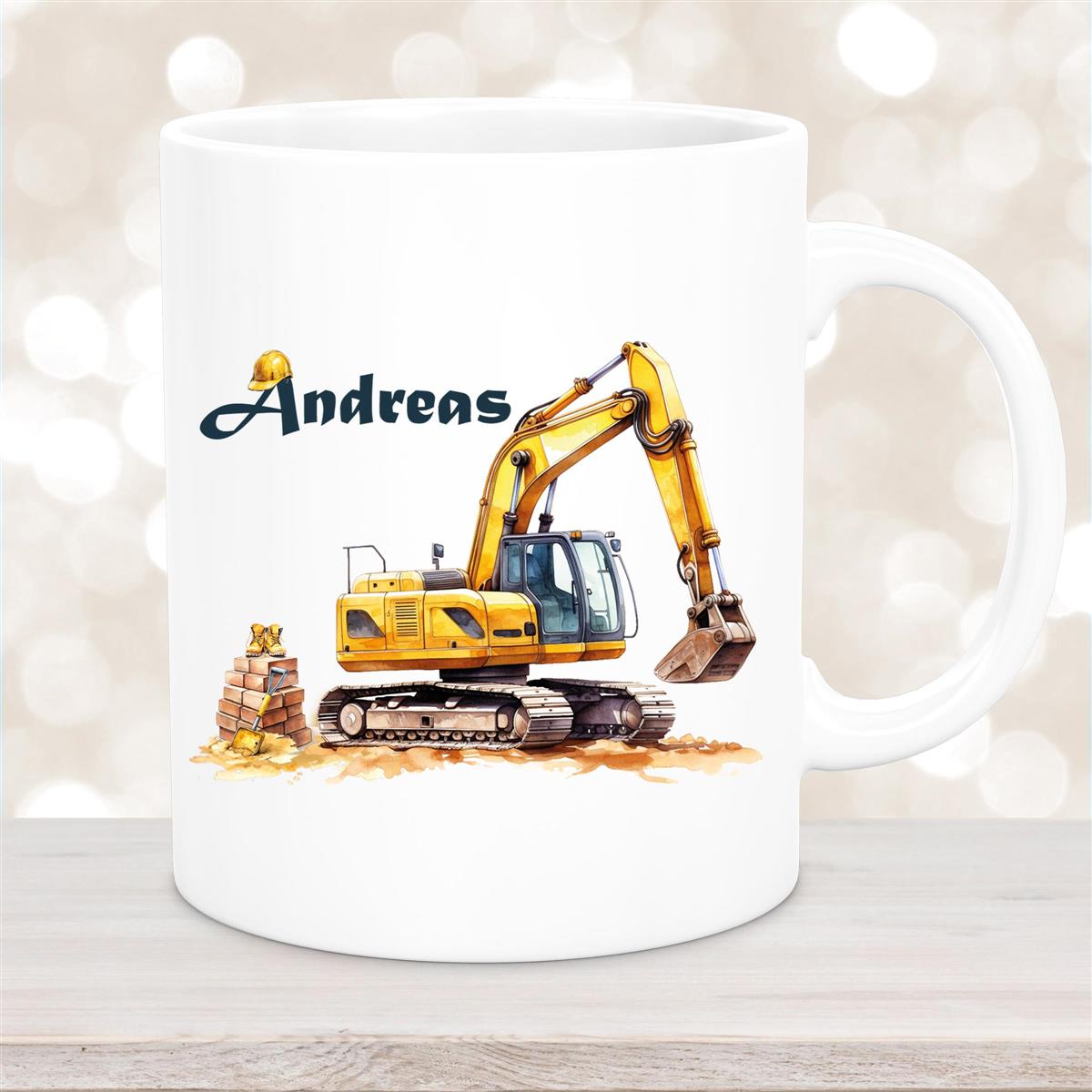 Tasse Wunschname Baustelle Bagger Keramik Kinderbecher Weiß