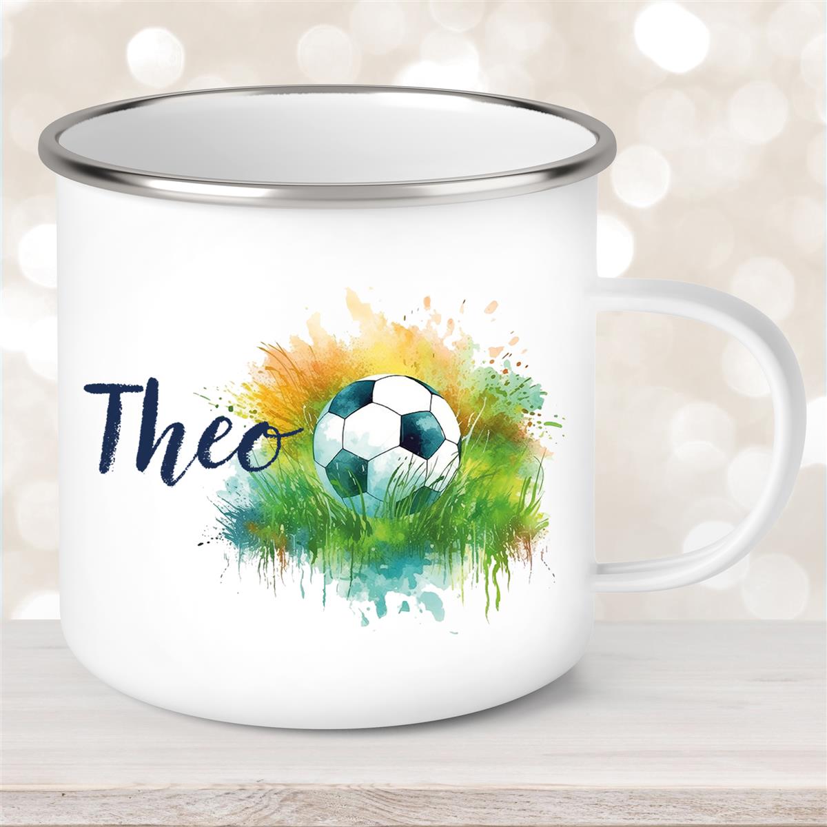Tasse Fußball #5 Wunschname Emaille Kinderbecher personalisiert
