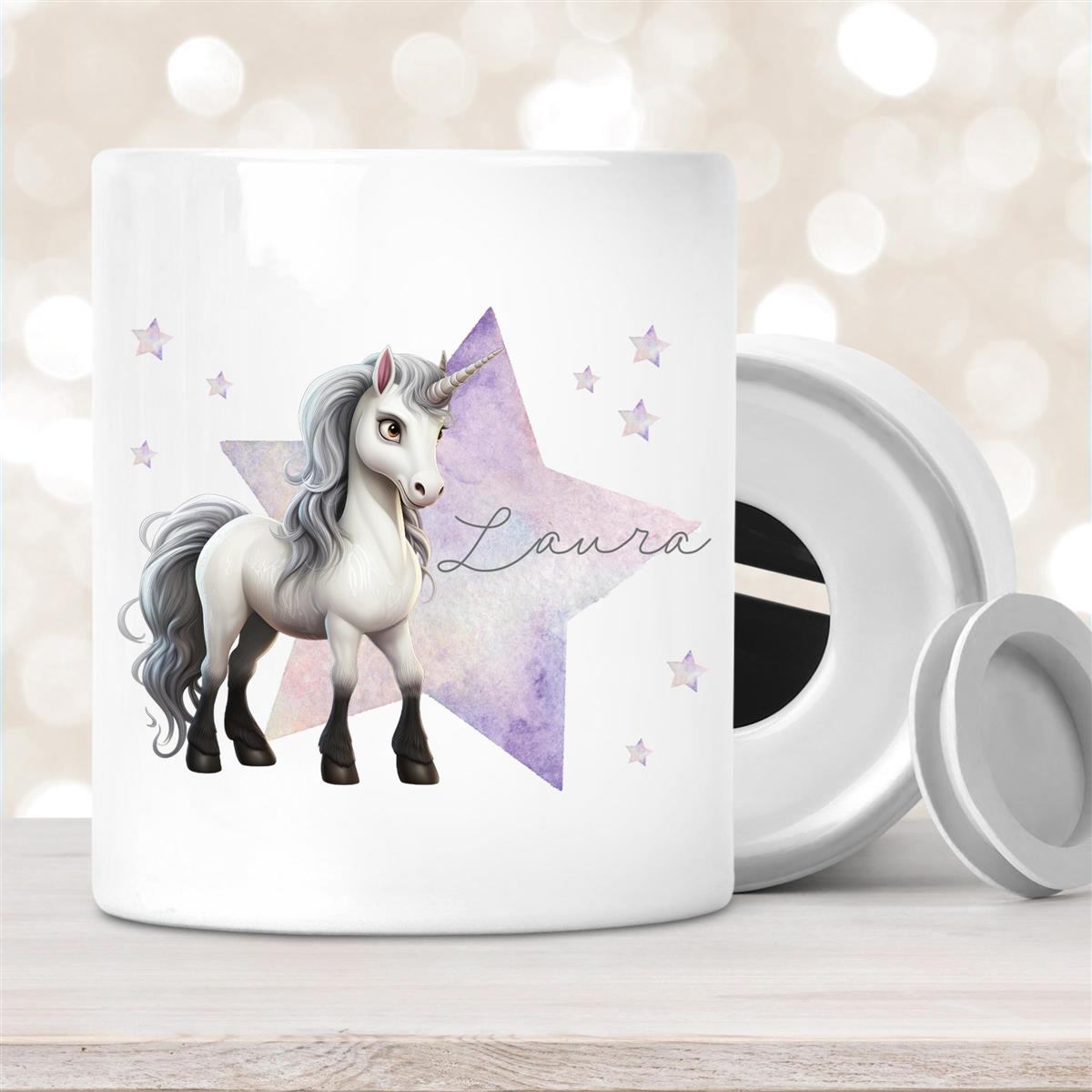Spardose mit Wunschname Einhorn Stern #1 personalisiert