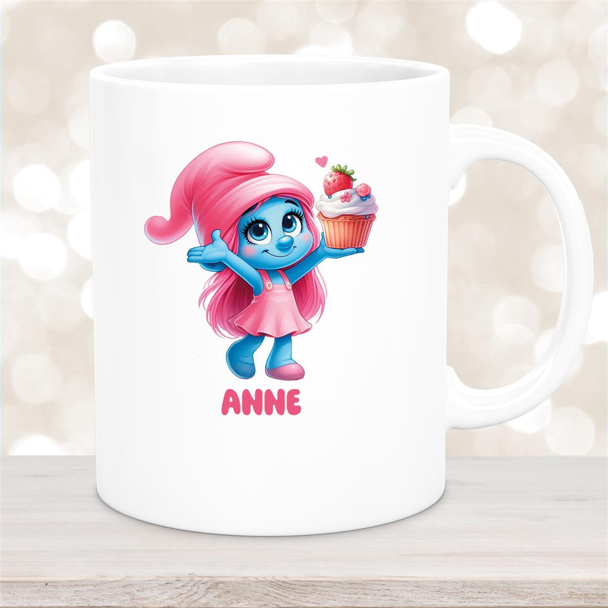 Tasse Kinder Schlumpf #2 mit Muffin Wunschname Keramik Kinderbecher personalisiert versch. Farben