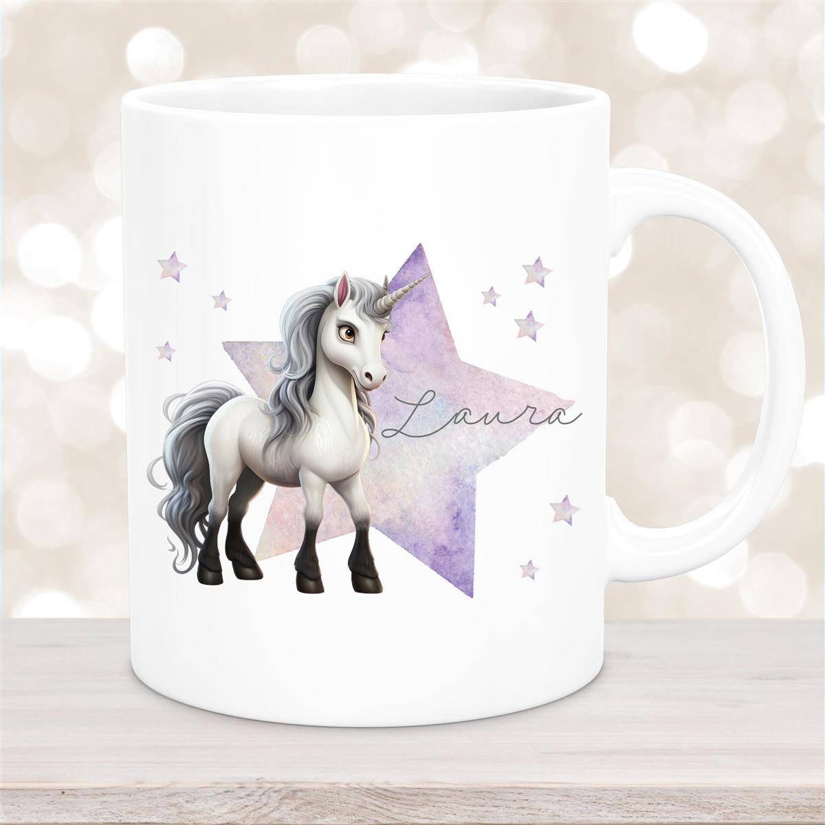 Tasse Wunschname Einhorn Stern #1 Keramik Kinderbecher Weiß