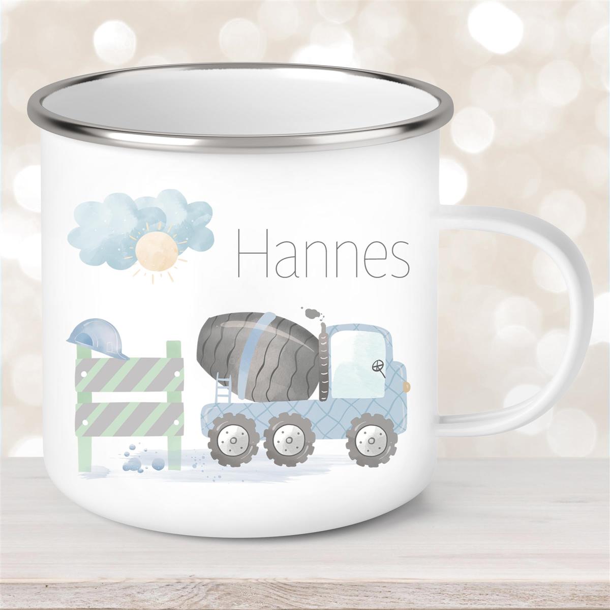 Tasse Wunschname Baustelle Betonmischer #1 Emaille Kinderbecher