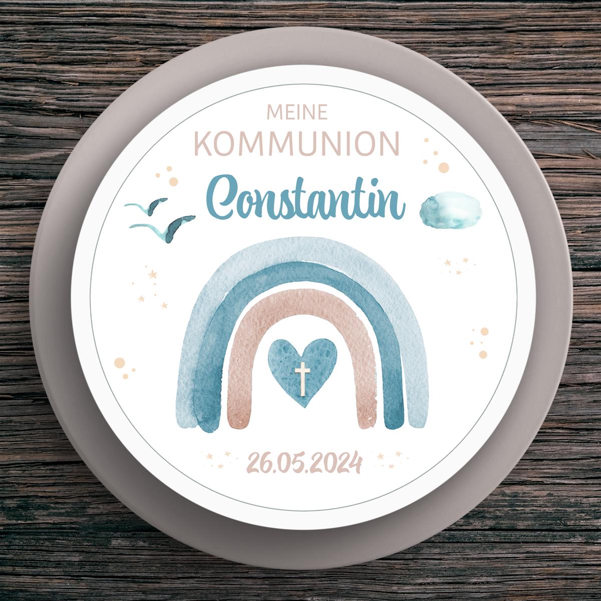 Tortenaufleger Kommunion Regenbogen #2 Name & Datum (20cm)