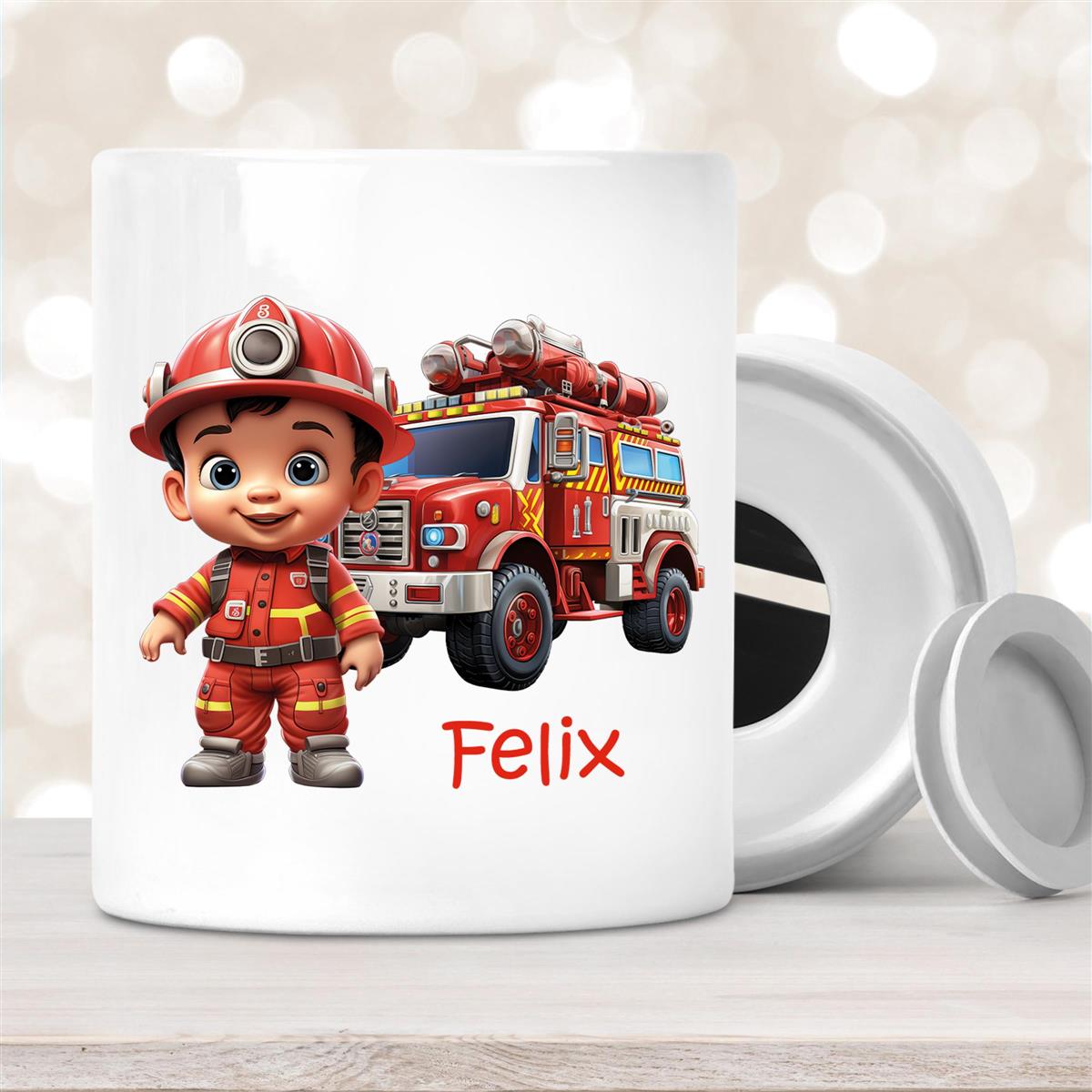 Spardose mit  Wunschname Feuerwehr #4 personalisiert