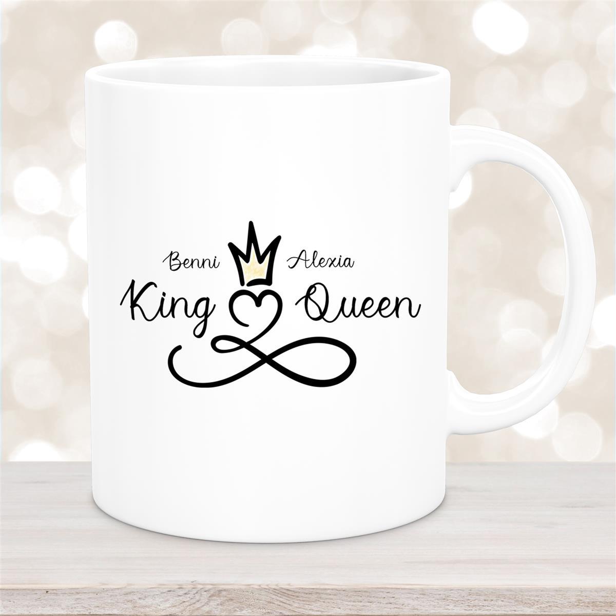 Tasse Liebe - Spruch "King & Queen" Valentinstag Wunschnamen Keramik personalisiert Weiß