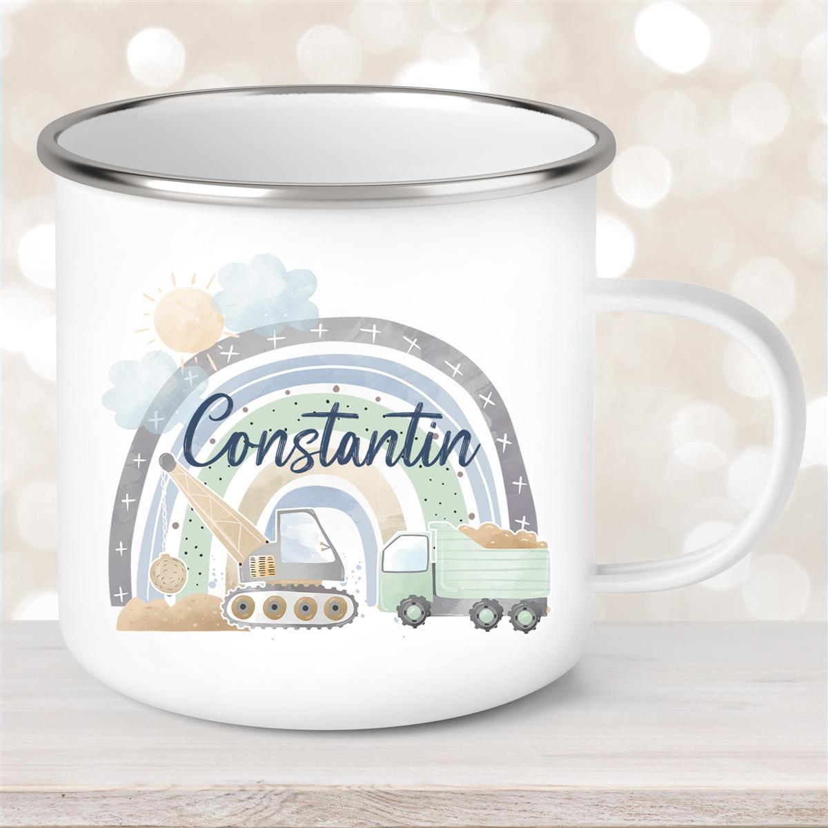 Tasse Wunschname Baustelle Regenbogen #1 Emaille Kinderbecher