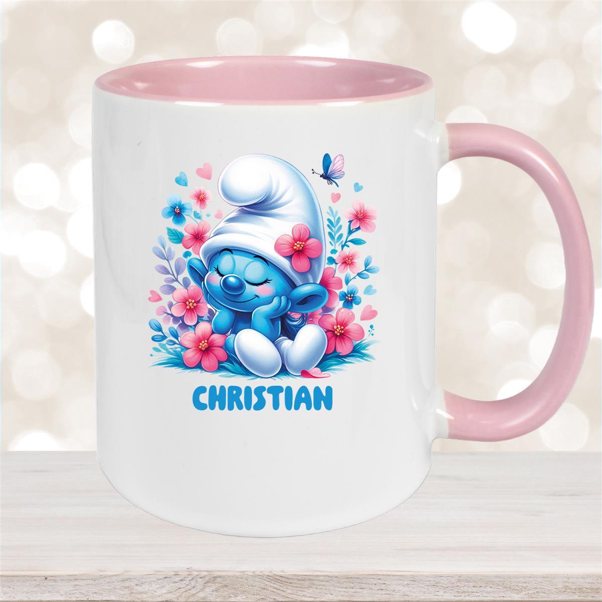 Tasse Kinder Schlumpf #1 mit Blumen Wunschname Keramik Kinderbecher personalisiert versch. Farben