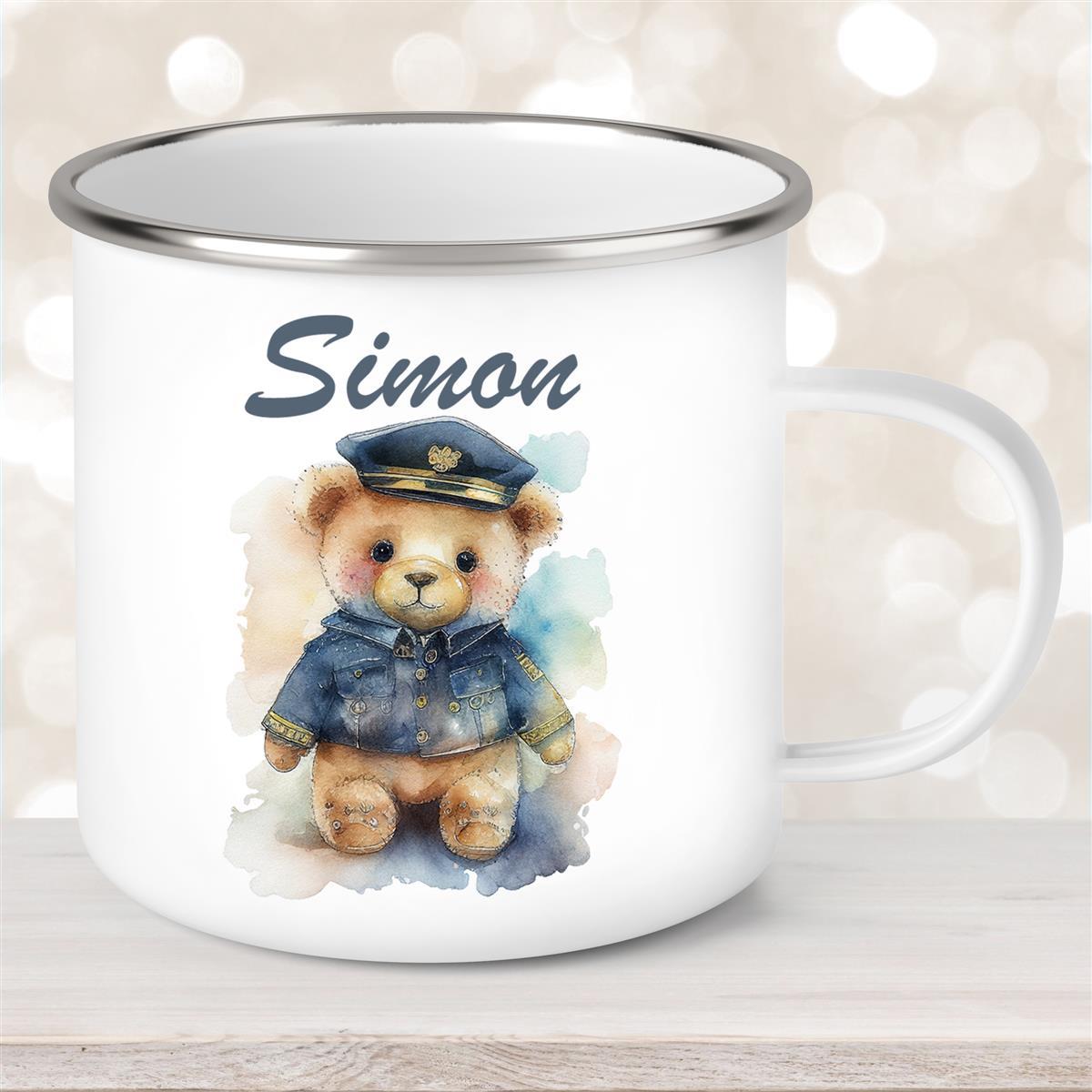 Tasse Polizei Teddy #1 Wunschname Emaille Kinderbecher personalisiert