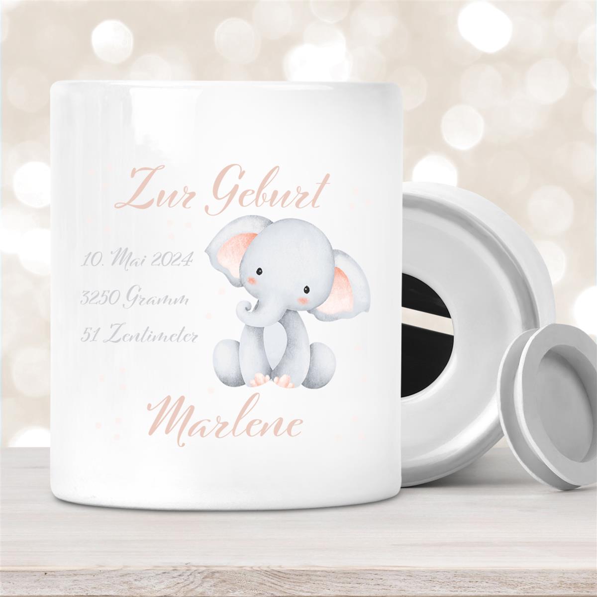 Spardose mit Wunschname Geburt Elefant #1 personalisiert