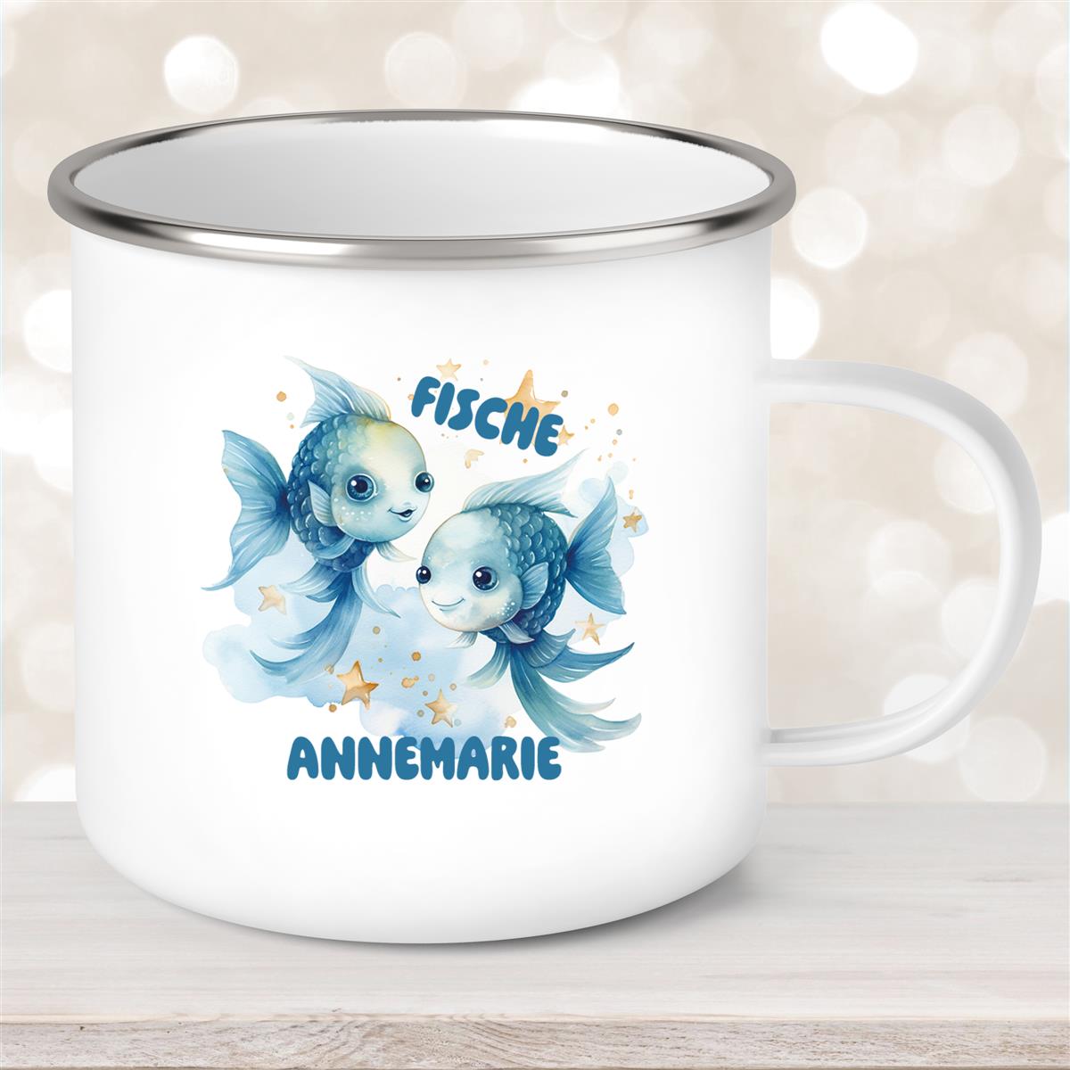 Tasse Sternzeichen Kinder Fische #1 Wunschname Emaille Kinderbecher personalisiert