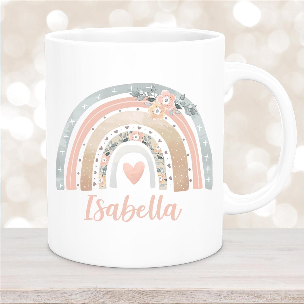 Tasse Wunschname Regenbogen #7 Keramik Kinderbecher Weiß