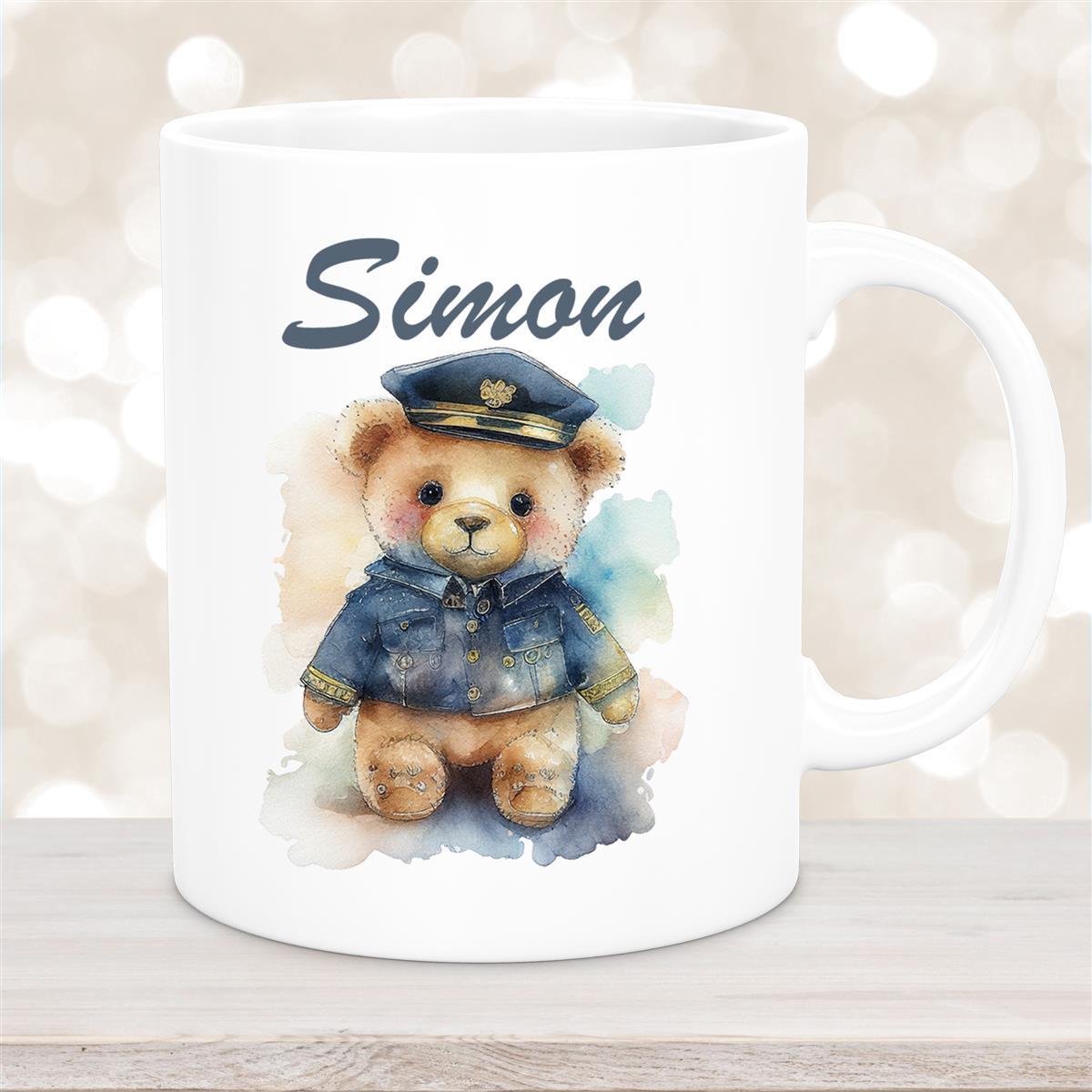 Tasse Polizei Teddy #1 Wunschname Kinderbecher personalisiert Keramik Weiß