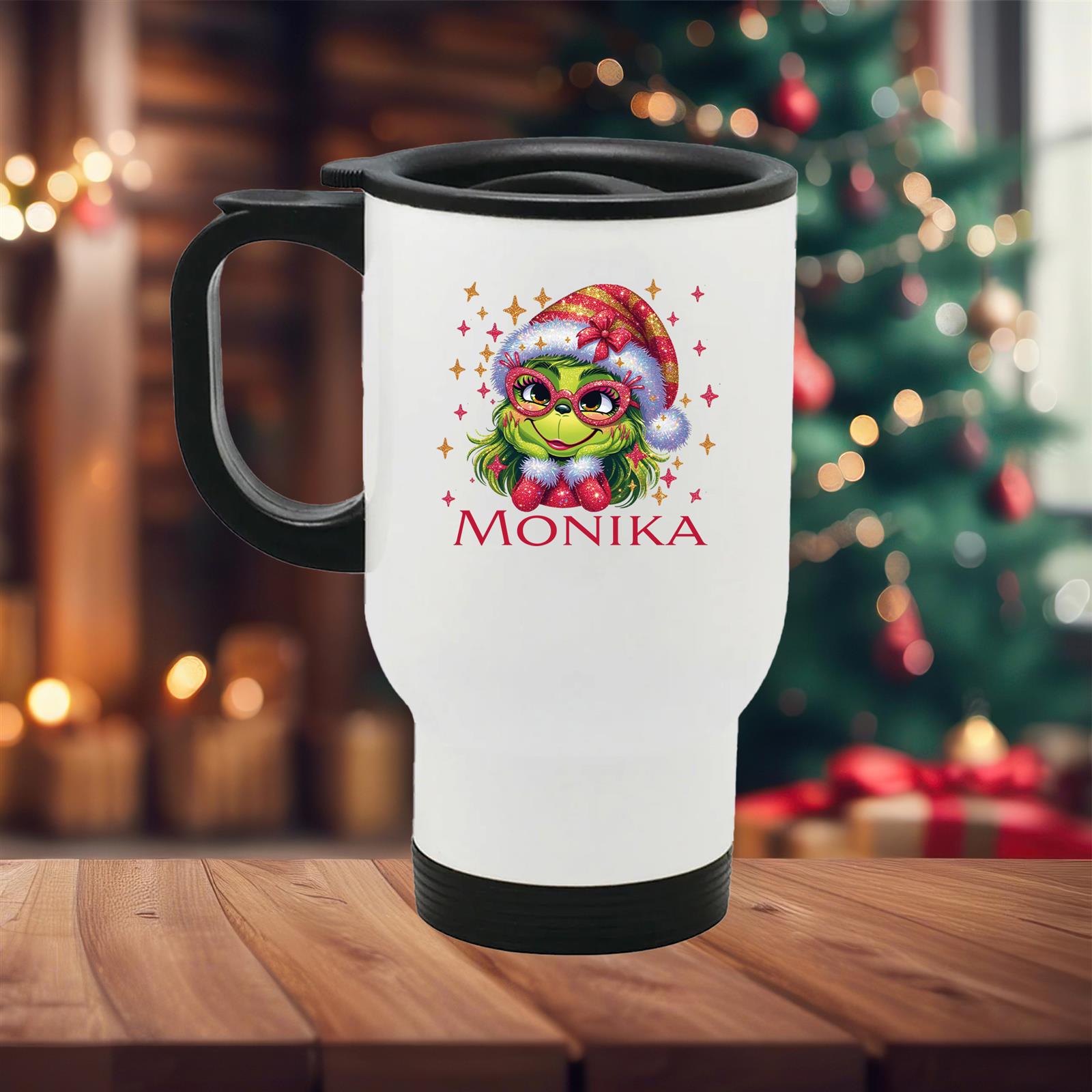 Edelstahl-Thermobecher mit Deckel Weihnachten Lady-Grinch 1# personalisiert weiß
