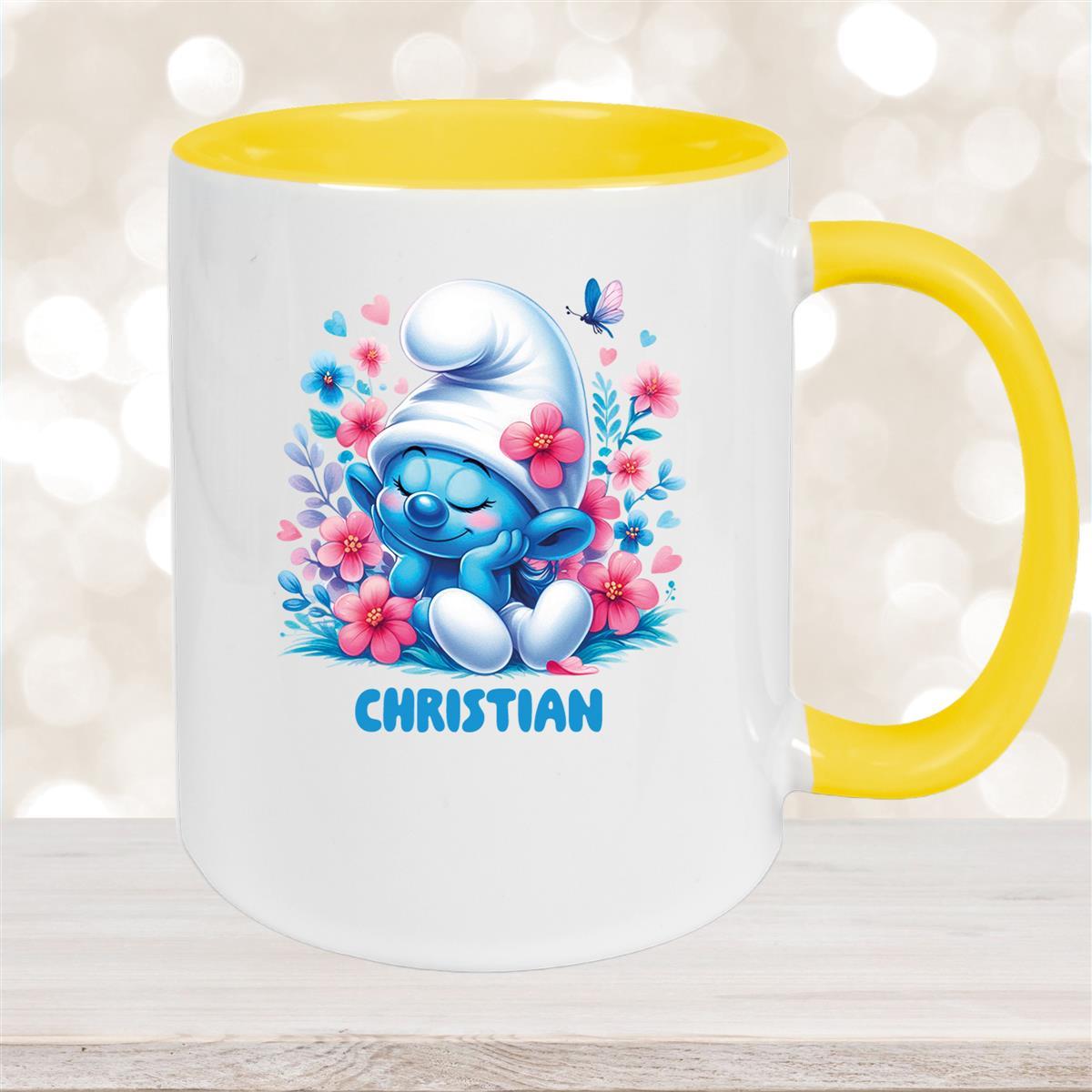 Tasse Kinder Schlumpf #1 mit Blumen Wunschname Keramik Kinderbecher personalisiert versch. Farben