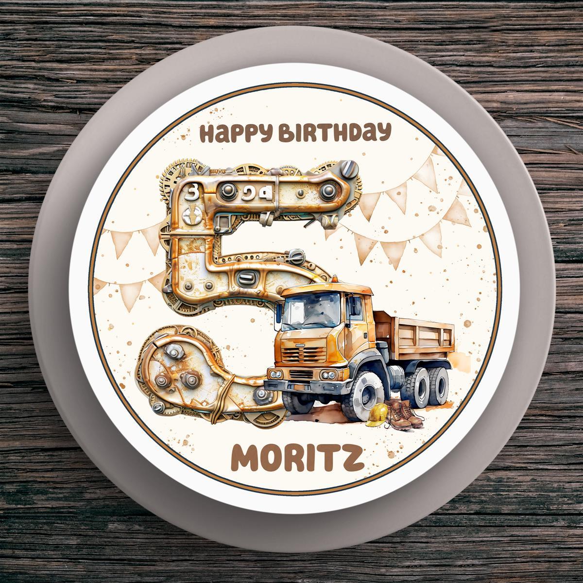 Tortenaufleger Geburtstag Baufahrzeug #3 Kipper Baustelle Steampunk Name & Zahl (20cm) Fondant Papier