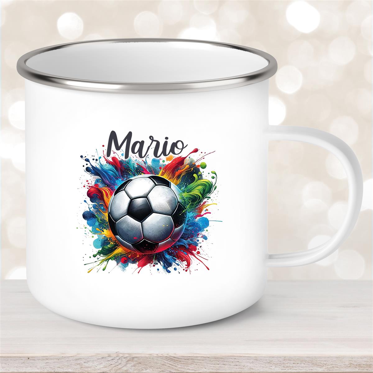 Tasse Fußball #12 Wunschname Emaille Kinderbecher personalisiert