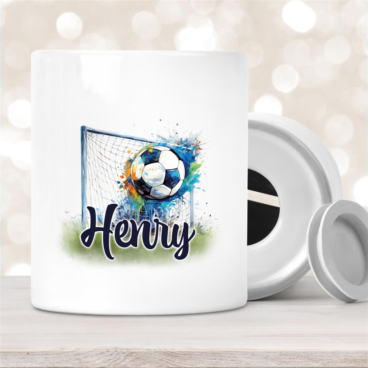 Spardose mit Wunschname Fußball # 13 personalisiert