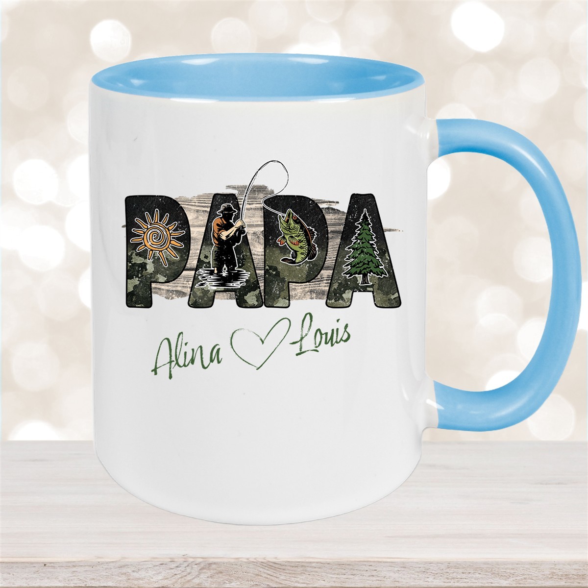 Tasse Vatertag #6 "Angler" Wunschnamen Keramik Personalisiert versch. Farben
