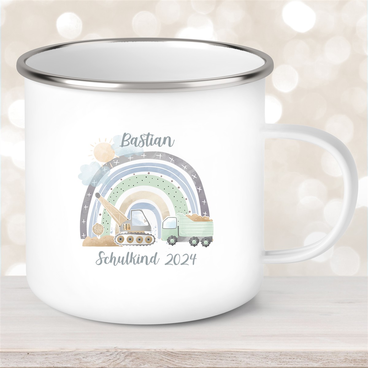 Tasse Schulkind #08 Wunschname Rainbow Baustelle Emaille Kinderbecher Personalisiert