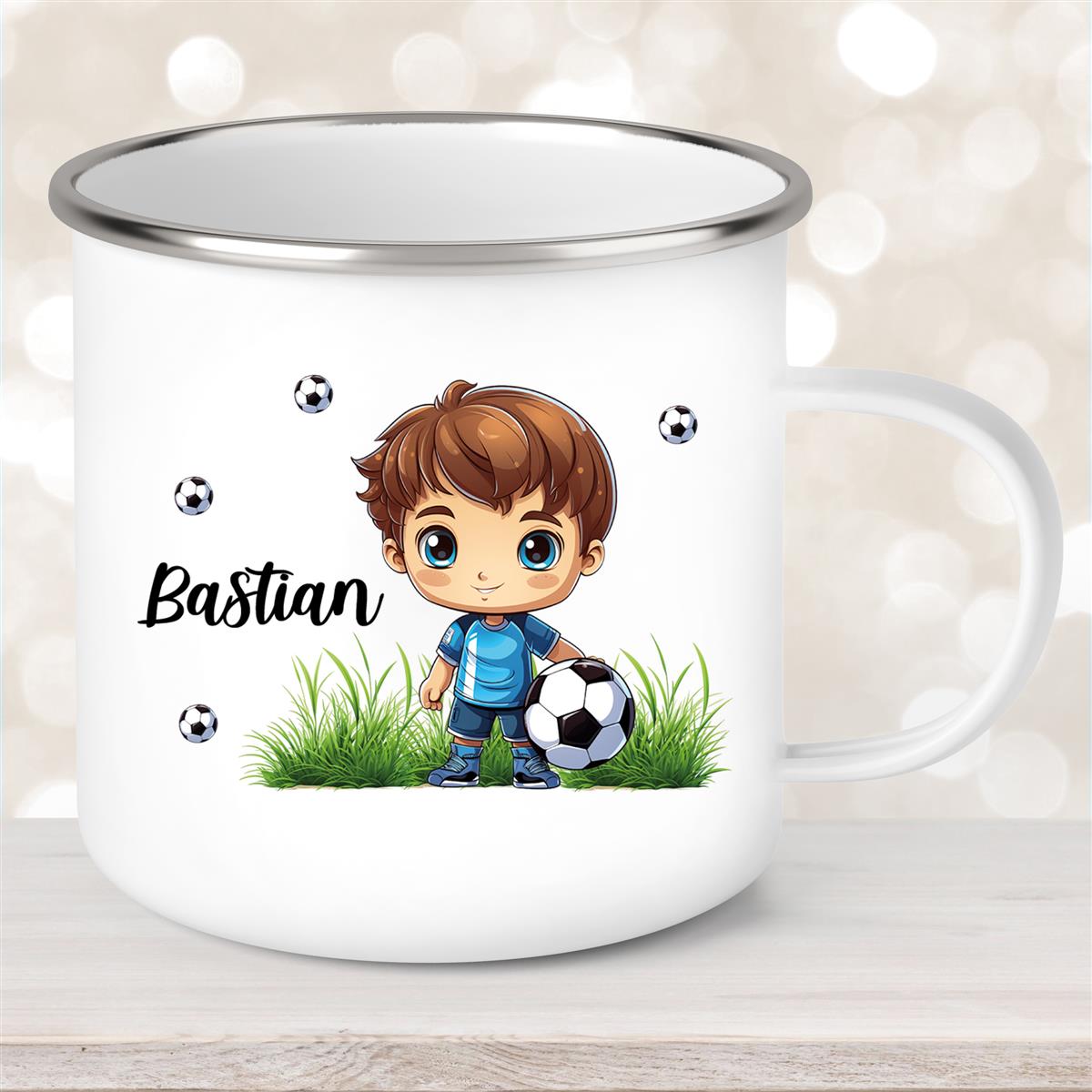 Tasse Fußball #6 Wunschname Emaille Kinderbecher personalisiert