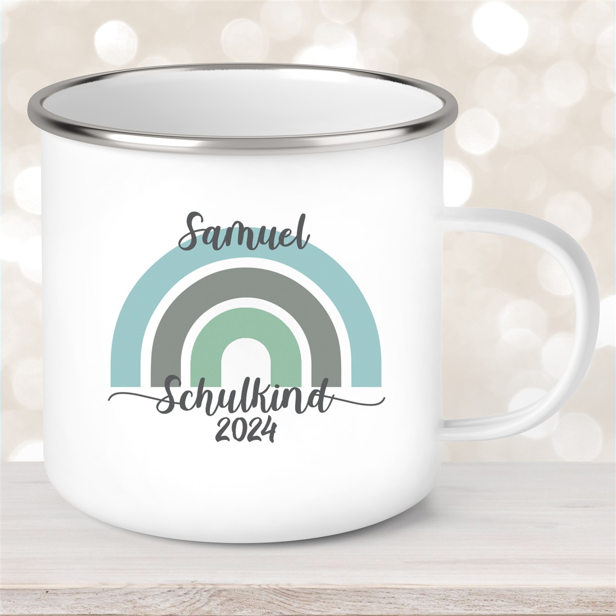 Tasse Schulkind #05 Wunschname Rainbow Emaille Kinderbecher Personalisiert