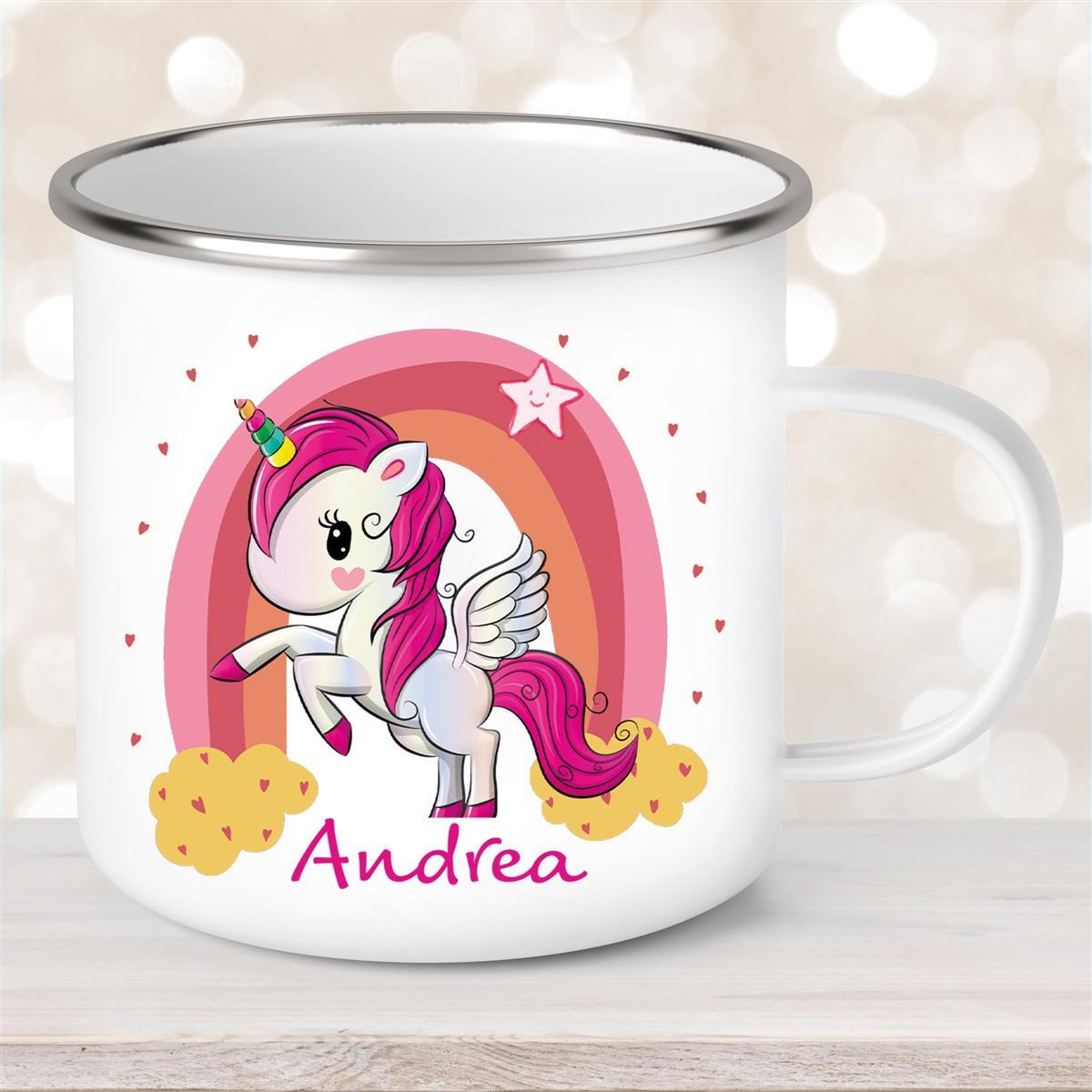 Tasse Wunschname Regenbogen-Einhorn Emaille Kinderbecher personalisiert