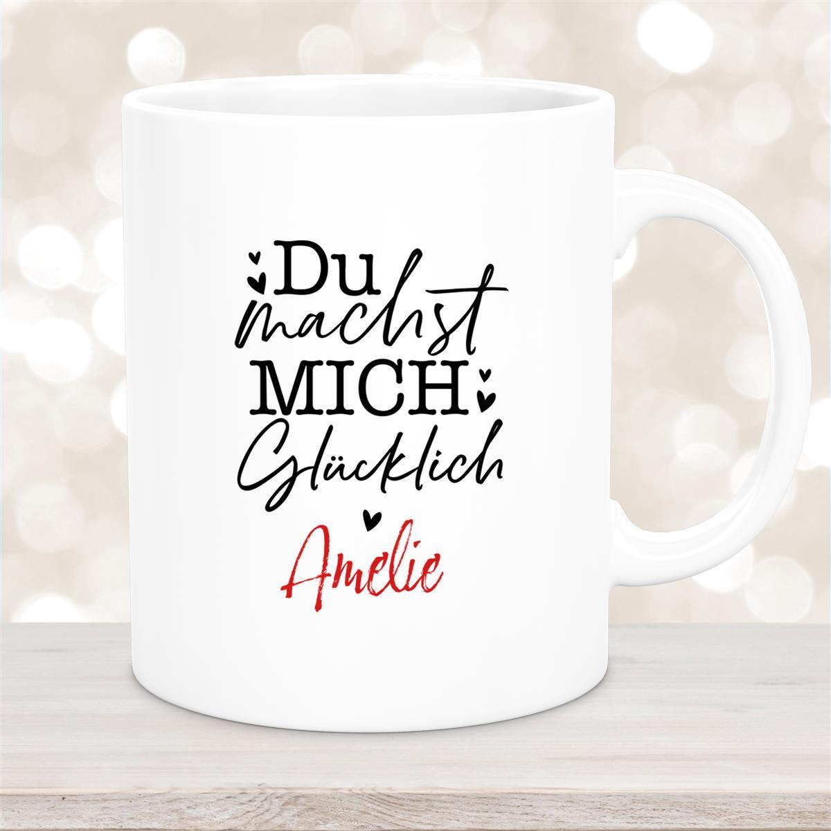Tasse Liebe - Spruch "Du machst mich glücklich" Valentinstag Wunschnamen Keramik personalisiert Weiß