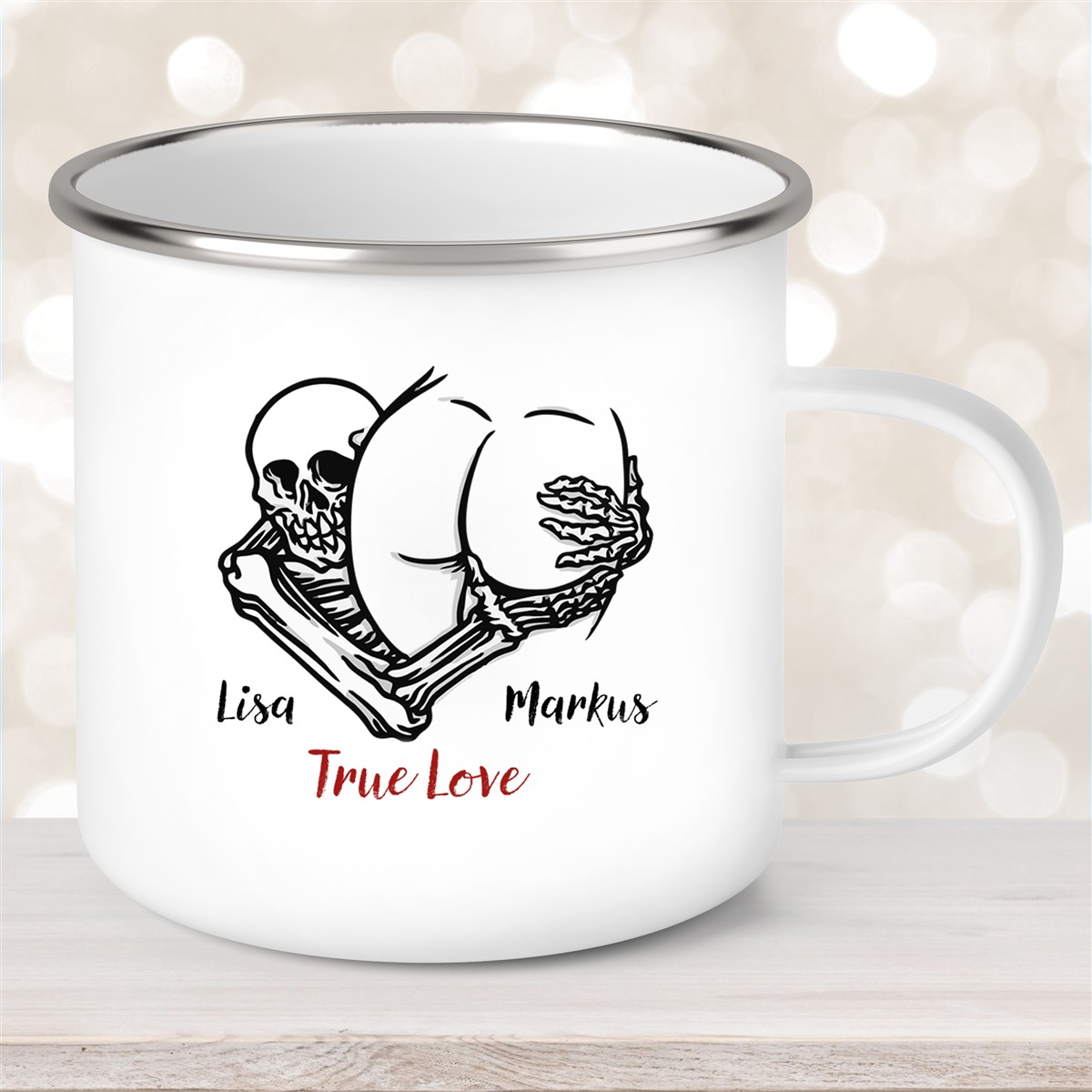 Tasse Totenkopf True Love Valentinstag #7 Wunschnamen Emaille personalisiert  