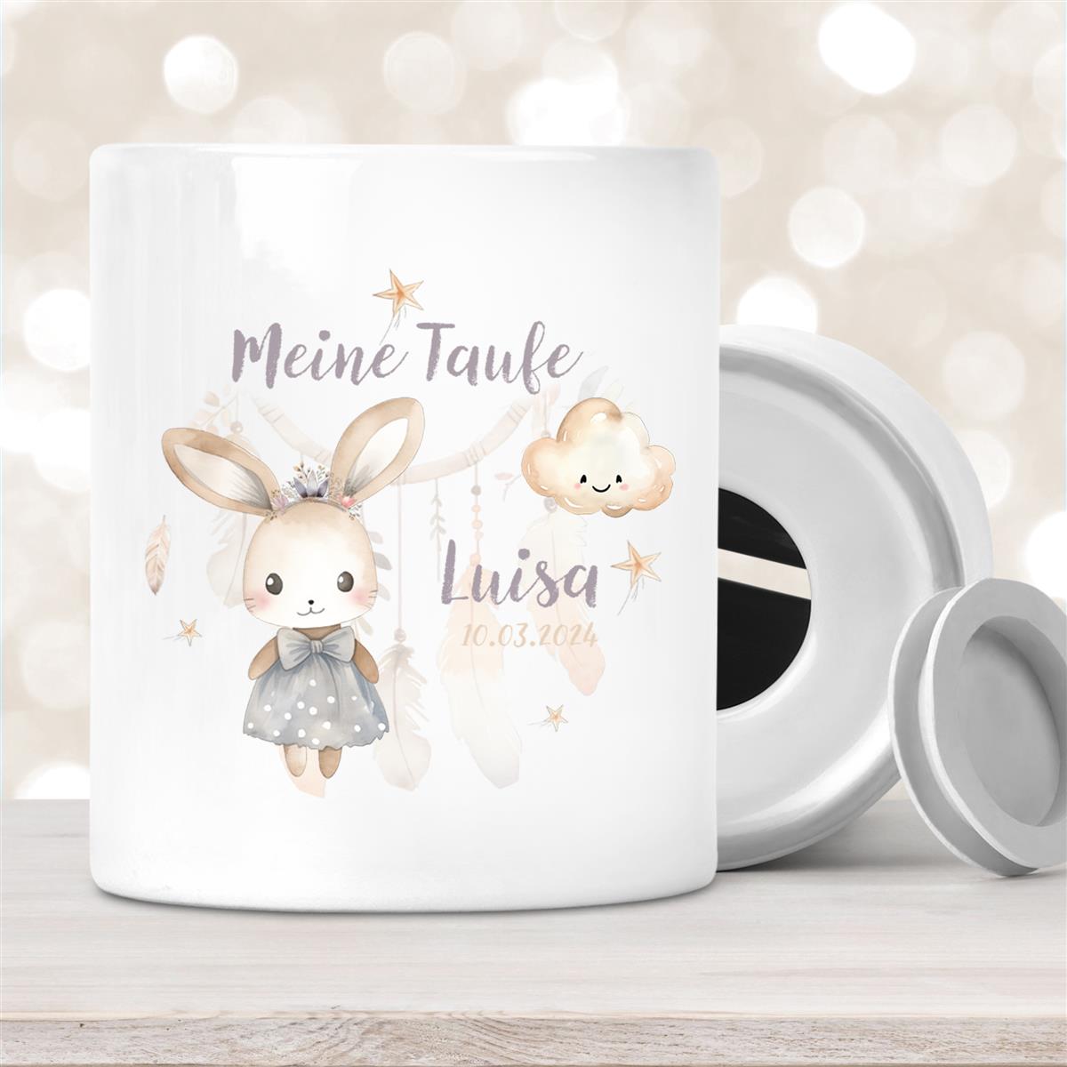 Spardose mit Wunschname Taufe Hase #1 personalisiert