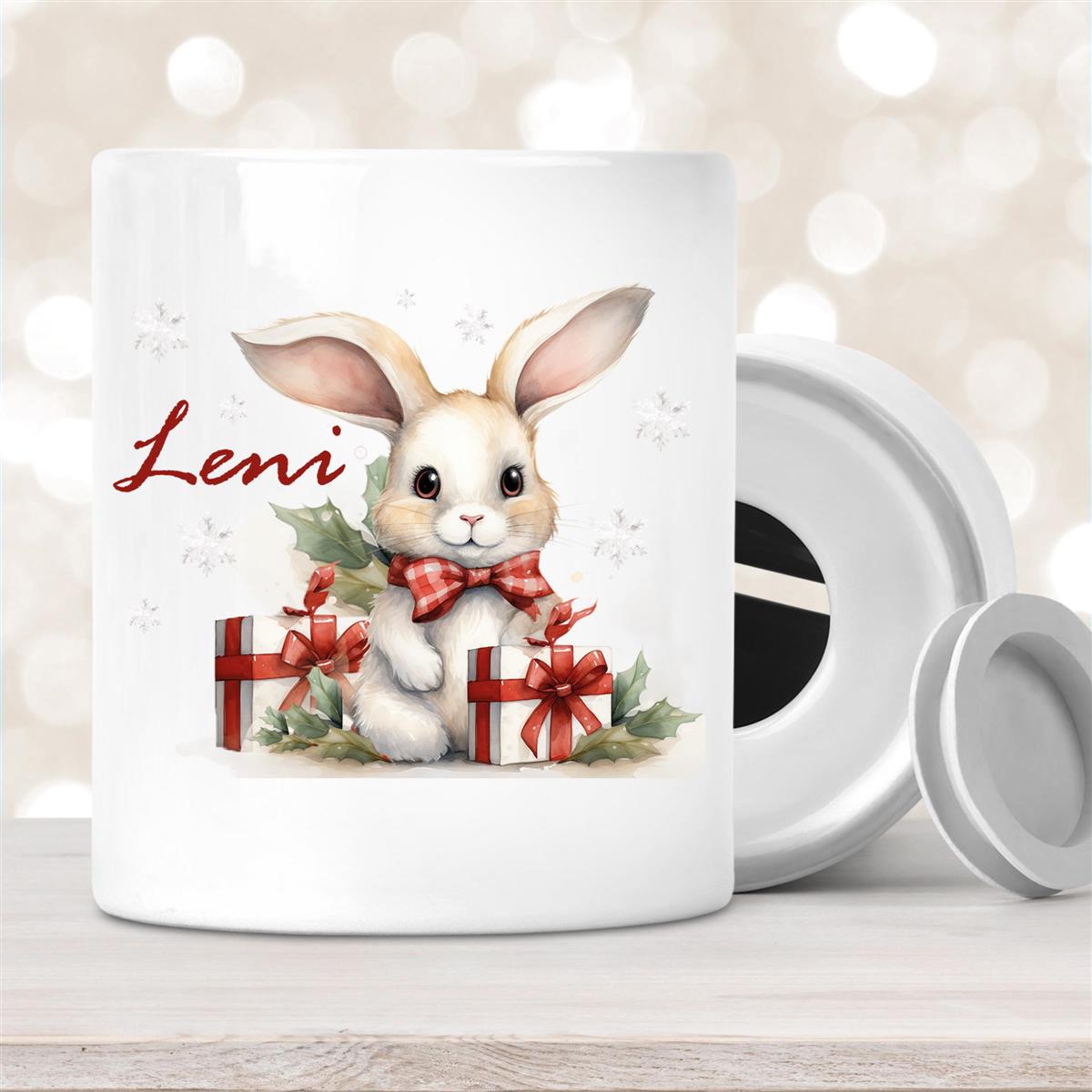 Spardose mit Wunschname Weihnachten Hase-Sterne personalisiert