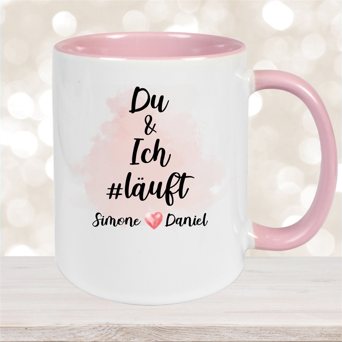 Tasse Spruch "Du & Ich Läuft" Valentinstag #8 Wunschnamen Emaille oder Keramik personalisiert versch. Farben