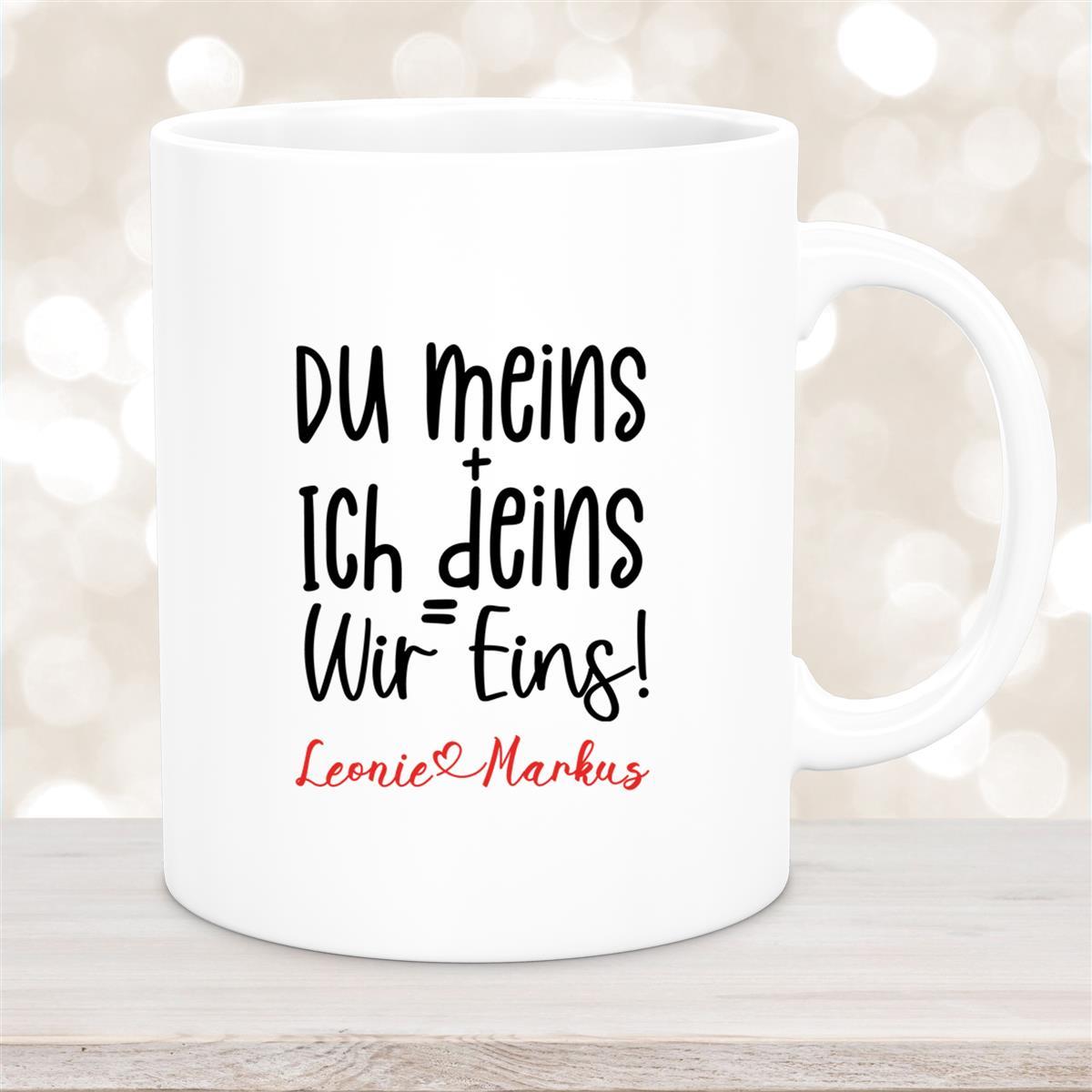 Tasse Liebe - Spruch "du meins, ich deins, wir eins" Valentinstag Wunschnamen Emaille personalisiert