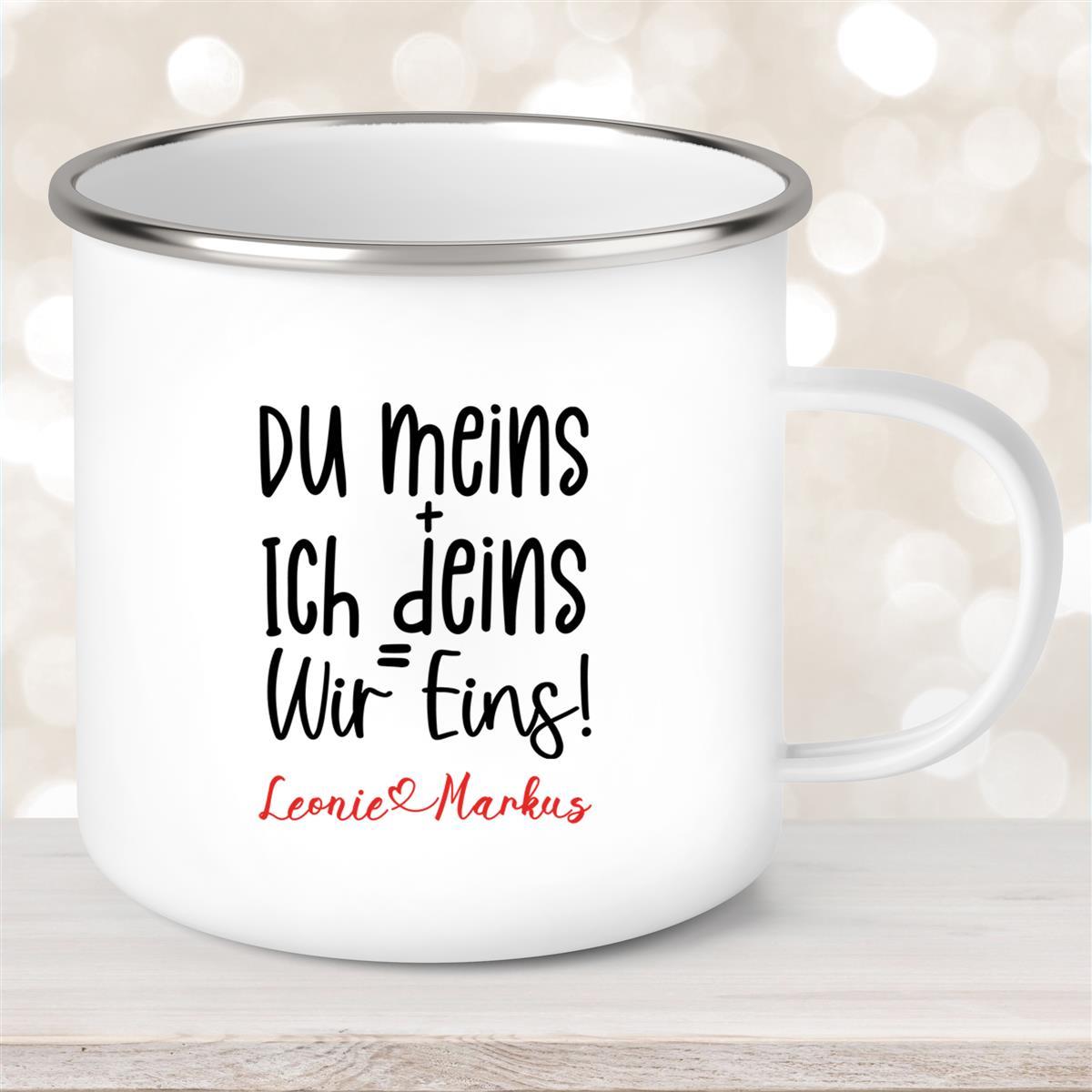 Tasse Liebe - Spruch "du meins, ich deins, wir eins" Valentinstag Wunschnamen Keramik personalisiert Weiß
