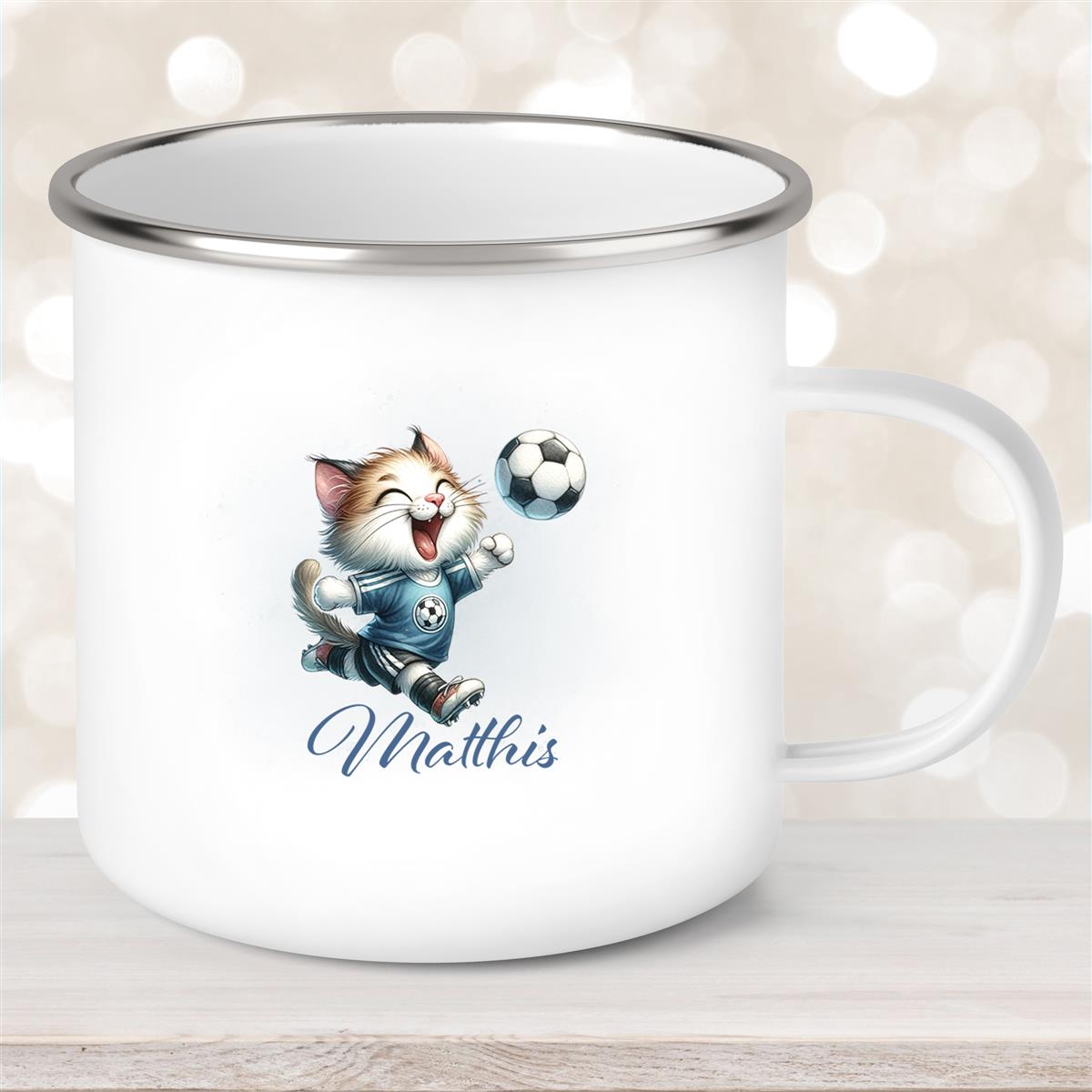 Tasse Fußball #18 Wunschname Emaille Kinderbecher personalisiert