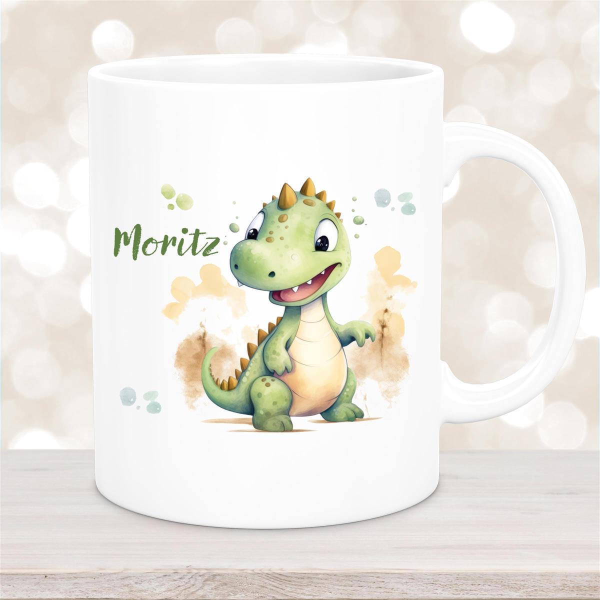 Tasse Wunschname Dino #3 Keramik Kinderbecher Weiß