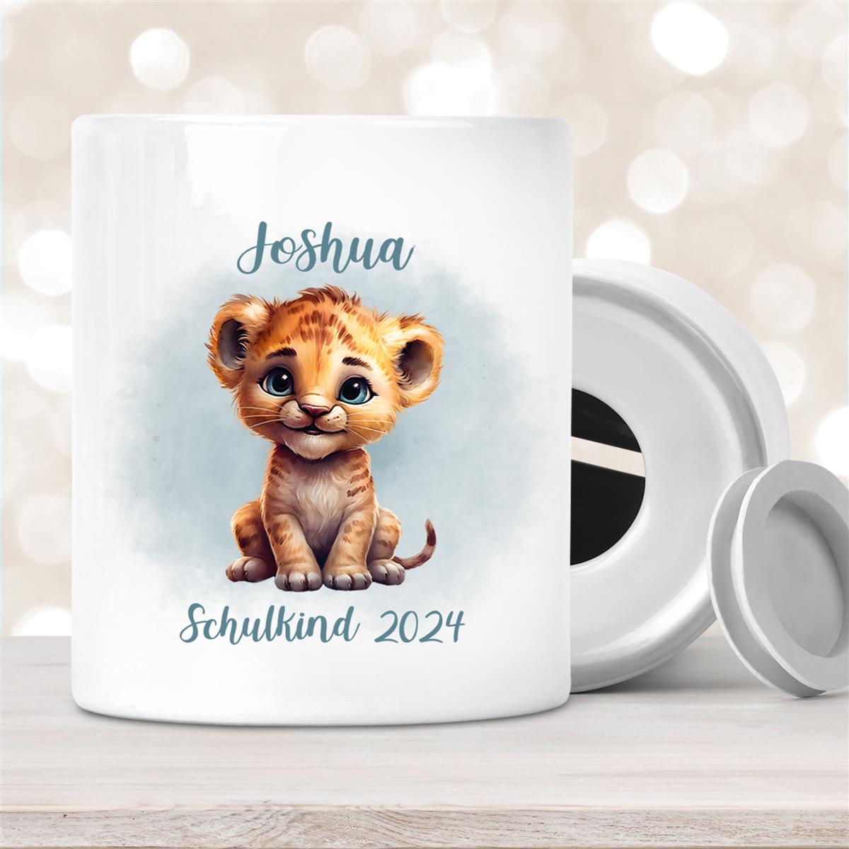 Spardose mit Wunschname Schulanfang #7 Tiger personalisiert