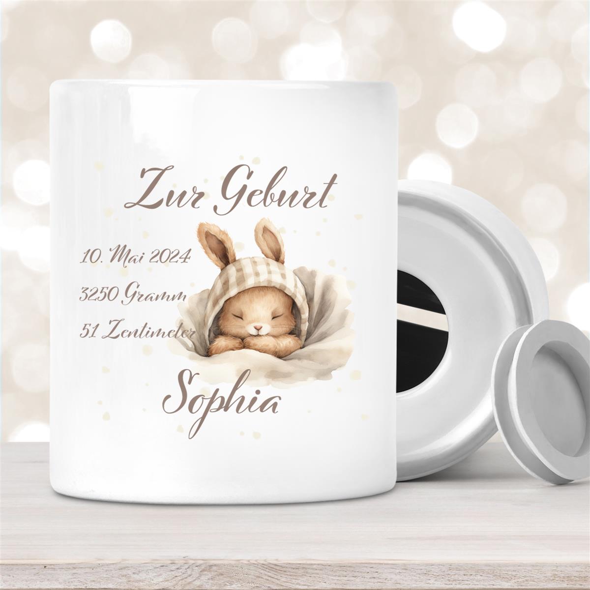 Spardose mit Wunschname Geburt Hase #1 personalisiert