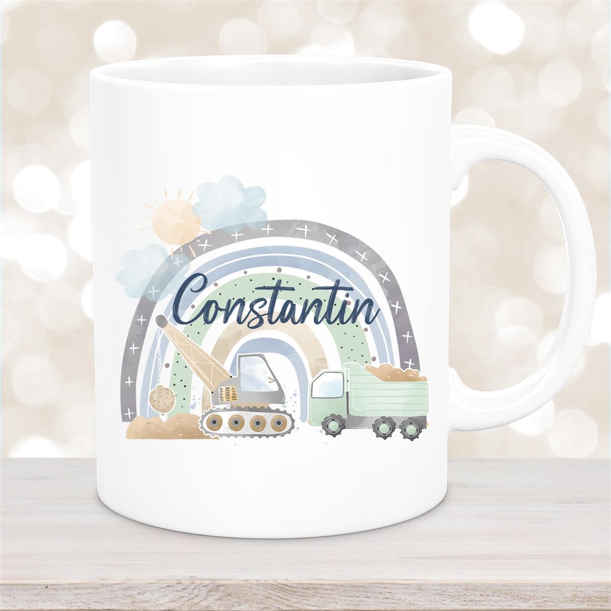 Tasse Wunschname Baustelle Regenbogen #1 Keramik Kinderbecher Weiß