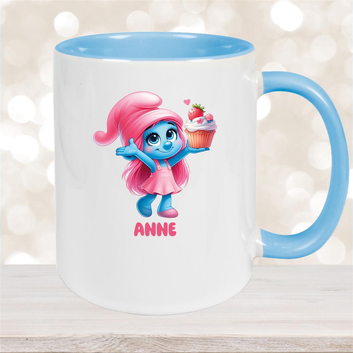 Tasse Kinder Schlumpf #2 mit Muffin Wunschname Keramik Kinderbecher personalisiert versch. Farben