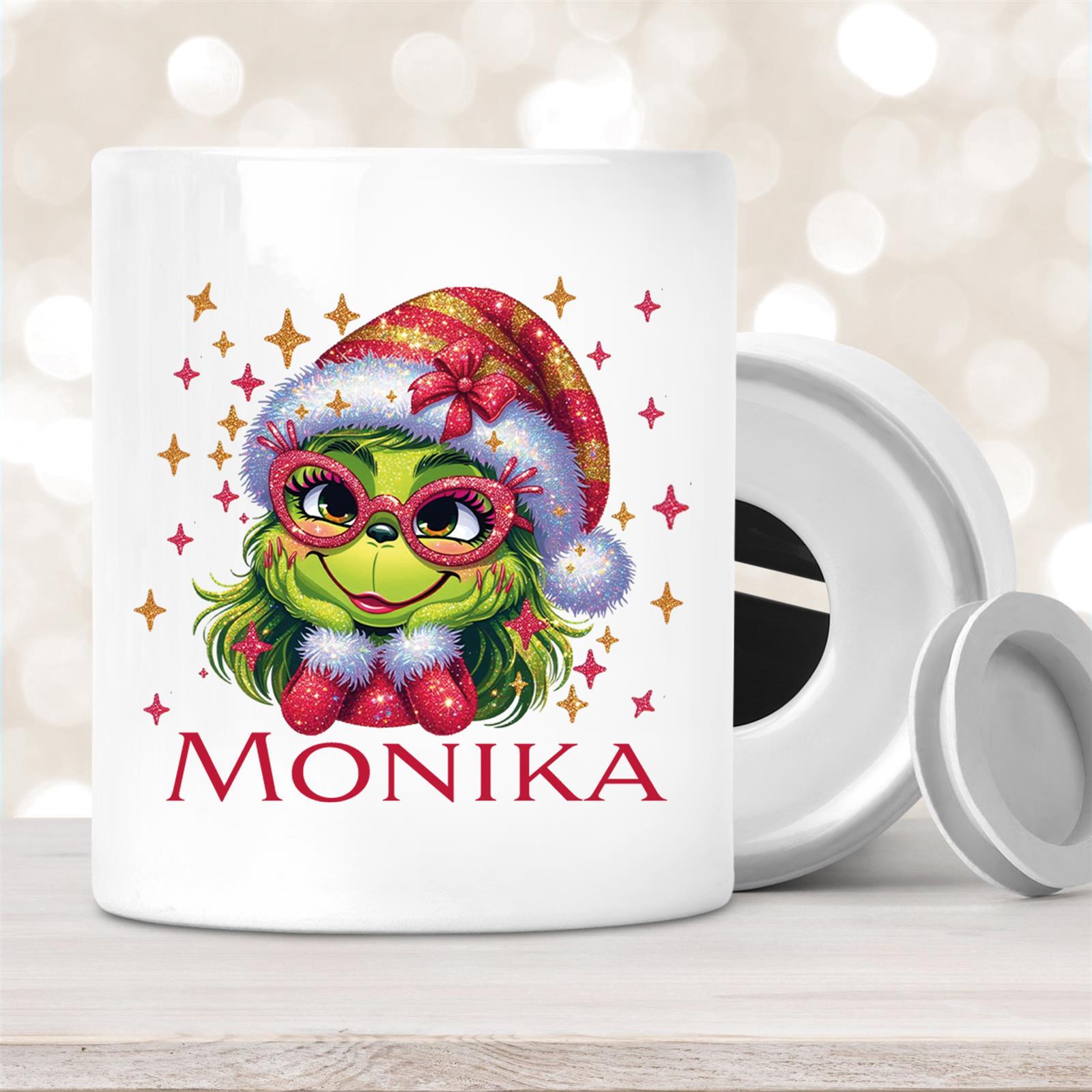 Spardose mit Wunschname Weihnachten Lady-Grinch #1 personalisiert