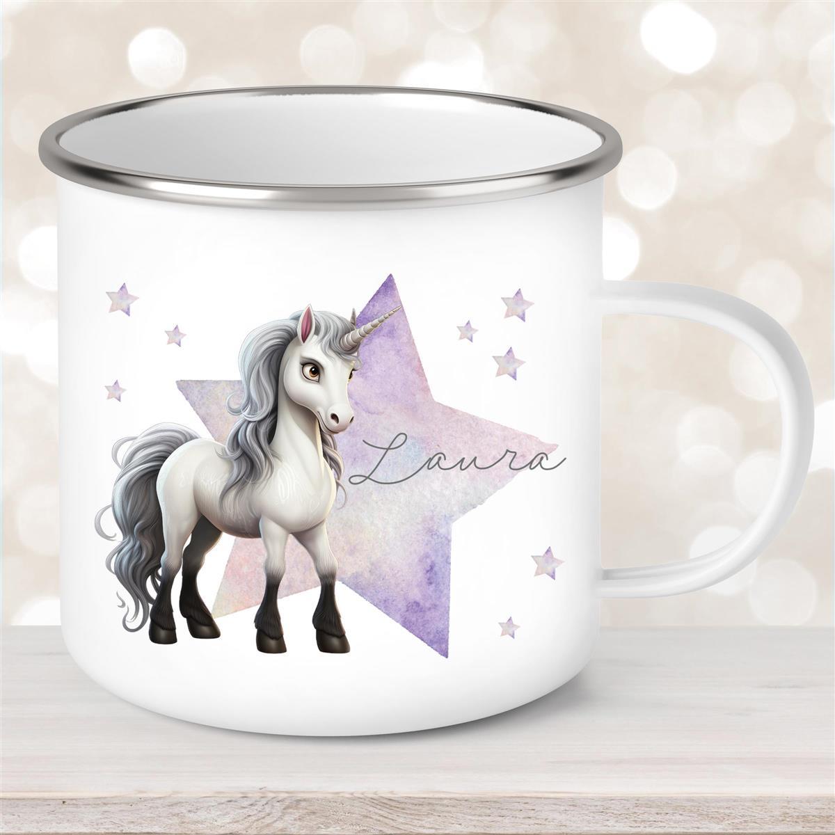 Tasse Wunschname Einhorn Stern #1 Emaille Kinderbecher