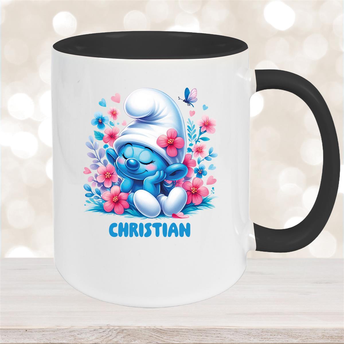 Tasse Kinder Schlumpf #1 mit Blumen Wunschname Keramik Kinderbecher personalisiert versch. Farben
