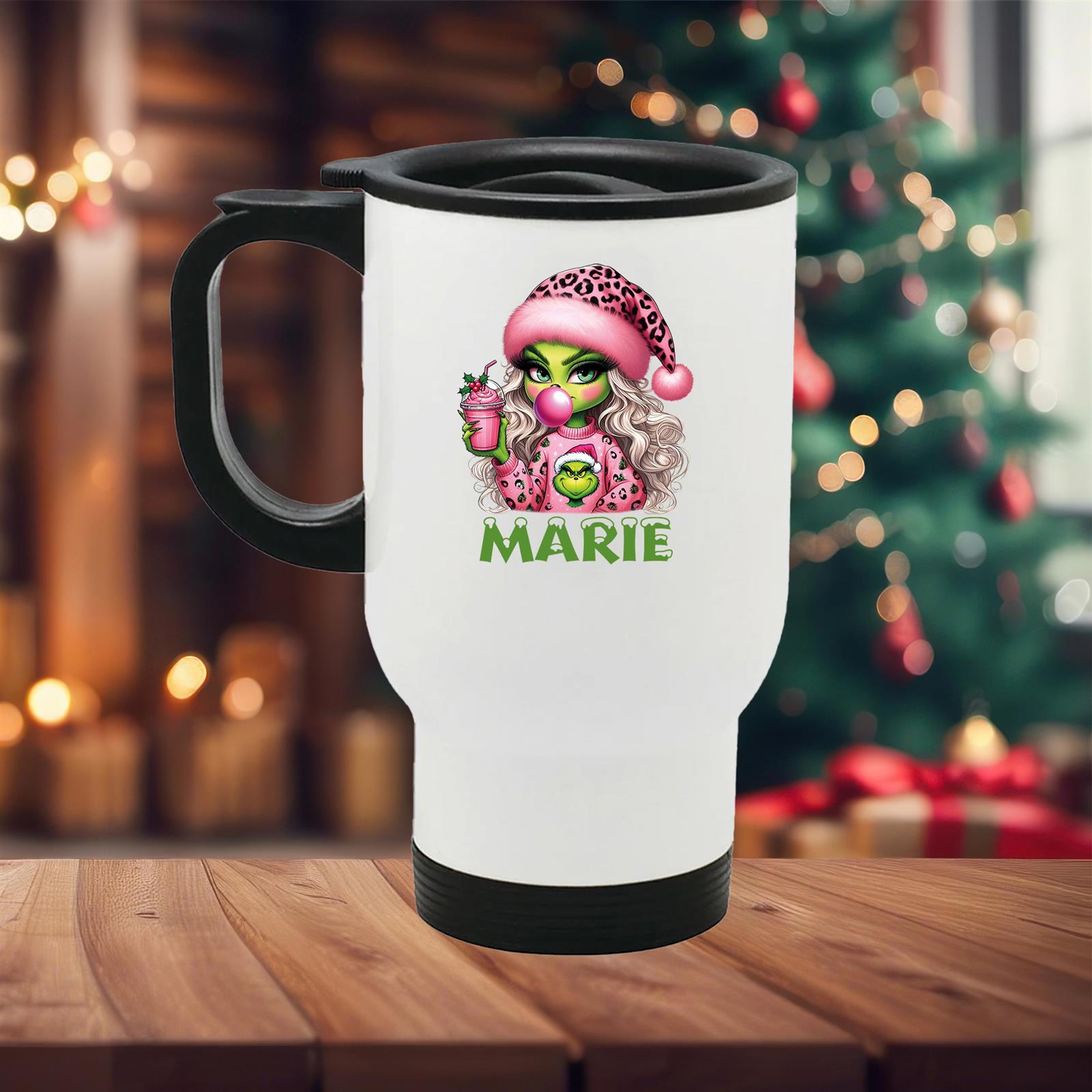 Edelstahl-Thermobecher mit Deckel Weihnachten Lady-Grinch 5# personalisiert weiß