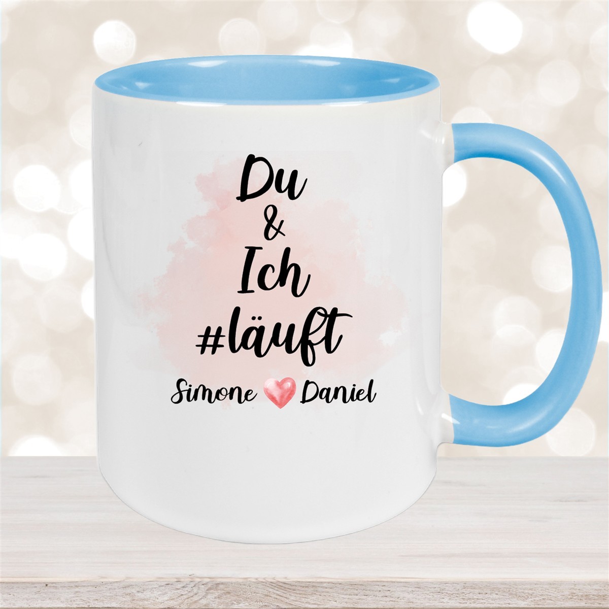 Tasse Spruch "Du & Ich Läuft" Valentinstag #8 Wunschnamen Emaille oder Keramik personalisiert versch. Farben
