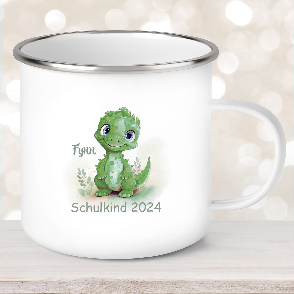 Tasse Schulkind #11 Wunschname Dino #2 Emaille Kinderbecher Personalisiert