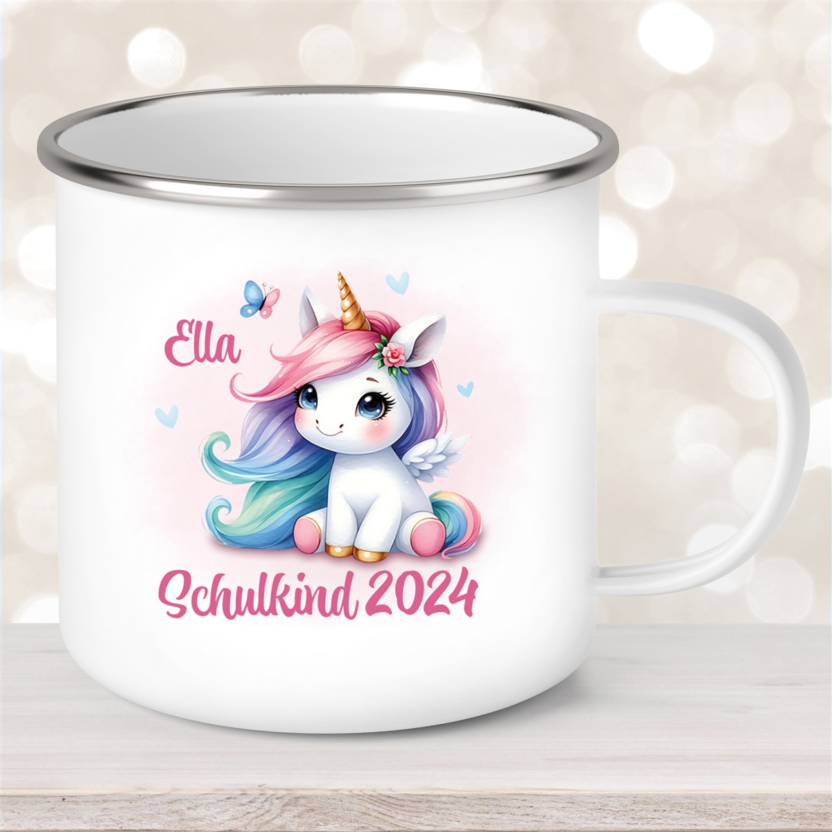 Tasse Schulkind #09 Wunschname Einhorn #2 Emaille Kinderbecher Personalisiert