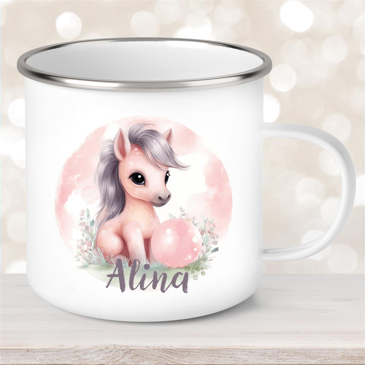 Tasse Pferd #7 Wunschname Emaille Kinderbecher personalisiert