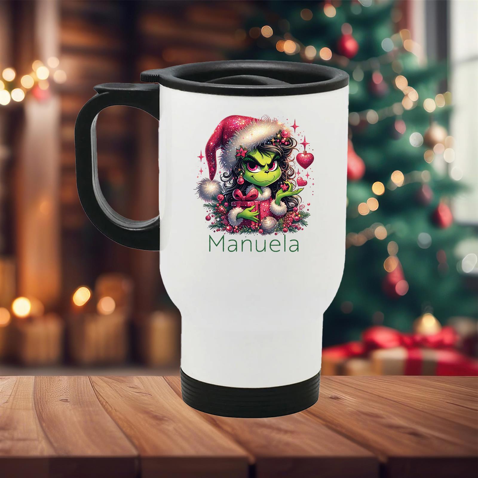 Edelstahl-Thermobecher mit Deckel Weihnachten Lady-Grinch 2# personalisiert weiß