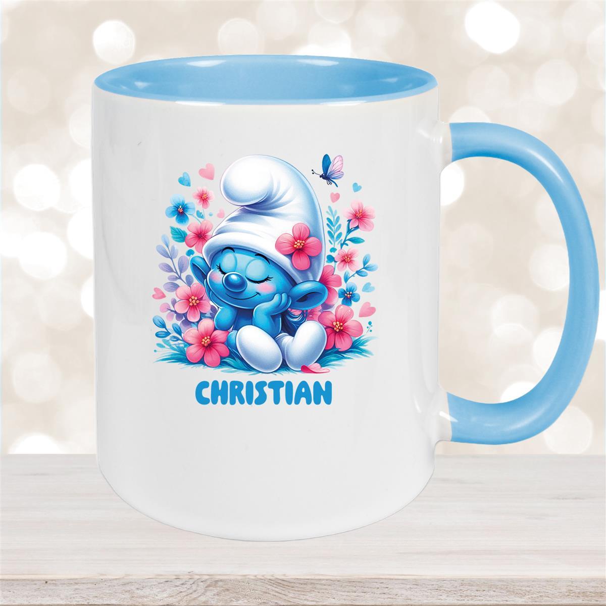 Tasse Kinder Schlumpf #1 mit Blumen Wunschname Keramik Kinderbecher personalisiert versch. Farben